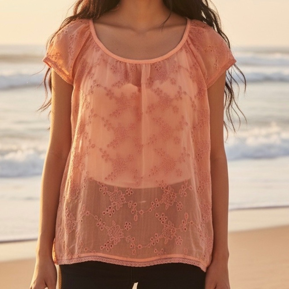 Peach Floral Embroidered Eyelet Sheer Blouse Top Lg Beachy Boho Summer Coastal
